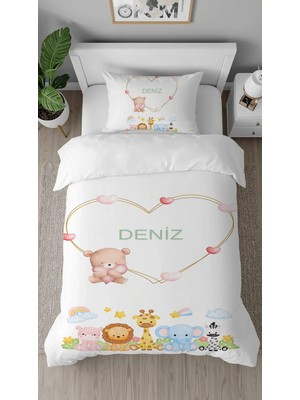 Greendecor Isim Yazılabilir Ayıcık Zürafa Desenli Dijital Baskılı Özel Tasarım Çarşafsız Çocuk Nevresim Takımı