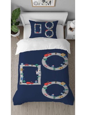 Greendecor Araba Yol Cadde Desenli Tasarımlı Dijital Baskılı Özel Tasarım Çarşafsız Çocuk Şık Nevresim Takımı