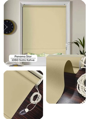 YS Perde Tasarım Panama Mat Keten Ekstra Kalın Lüx Güneşlik Stor Perde, Alüminyum Kasalı Yüksek Kaliteli - Sütlü Kahve PNM/BSCW11290