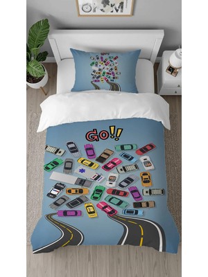 Greendecor Araba Yol Cadde Desenli Tasarımlı Dijital Baskılı Özel Tasarım Çarşafsız Çocuk Şık Nevresim Takımı