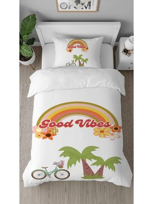 Greendecor Good Vibes Palmiye Papatya Desenli Tasarımlı Dijital Baskılı Özel Tasarım Çarşafsız Nevresim Takımı