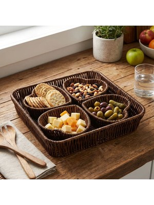 Anadolubox® 5 Parça,4 Kalp Formlu Plastik Rattan Sunum ve Kahvaltı Seti-Bölmeli Çerezlik ve Meyvelik-Doğal Hasır Görünümlü Tepsi ve Sunum Tabakları
