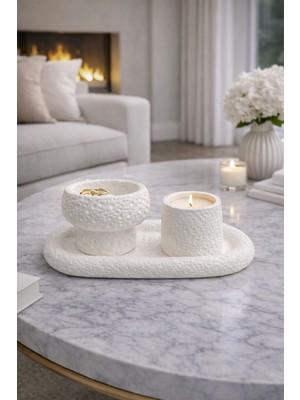 Nox Atelier Modern Dokulu Mumluk & Dekor Seti – 3’lü (Tepsi + Mumluk + Kase)