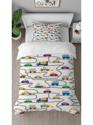 Greendecor Araba Kepçe Desenli Tasarımlı Dijital Baskılı Özel Tasarım Çarşafsız Çocuk Şık Nevresim Takımı