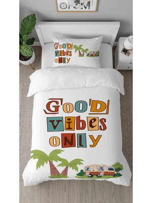 Greendecor Good Vibes Palmiye Papatya Desenli Tasarımlı Dijital Baskılı Özel Tasarım Çarşafsız Nevresim Takımı