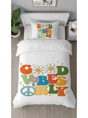 Greendecor Good Vibes Palmiye Papatya Desenli Tasarımlı Dijital Baskılı Özel Tasarım Çarşafsız Nevresim Takımı