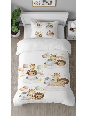 Greendecor Ayıcık Fil Zürafa Desenli Tasarımlı Dijital Baskılı Özel Tasarım Çarşafsız Şık Çocuk Nevresim Takımı