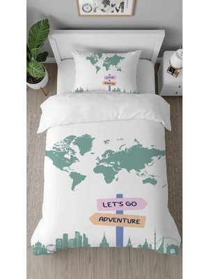 Greendecor Dünya Haritası Gezi Tatil Desenli Tasarımlı Dijital Baskılı Özel Tasarım Çarşafsız Nevresim Takımı