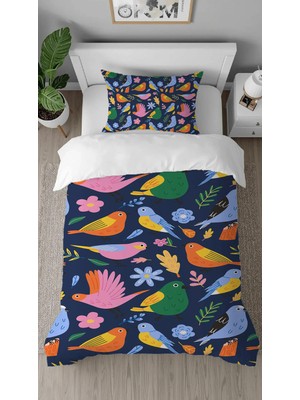 Greendecor Bülbül Çiçek Yaprak Desenli Tasarımlı Dijital Baskılı Özel Tasarım Çarşafsız Çocuk Nevresim Takımı