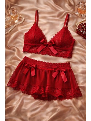 Kırmızı Dantel Etekli Bralet Takım