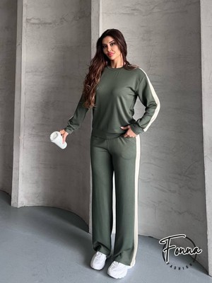 Fonna Fashion Bayan Eşofman Takım Garnili-Yeşil (Bisiklet Yaka)