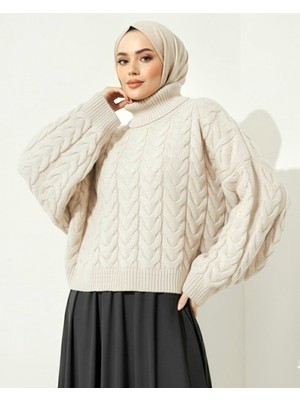 Modamorfo Örgü Desenli Boğazlı Triko Kazak  -Ekru