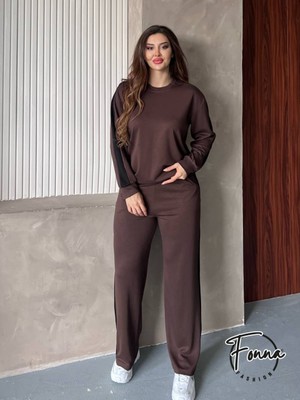Fonna Fashion Bayan Eşofman Takım Garnili-Kahve (Bisiklet Yaka)
