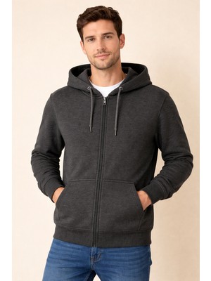 Justas Erkek Fümeşardonlu Kapüşonlu Boydan Fermuarlı Üç Iplik Sweatshirt