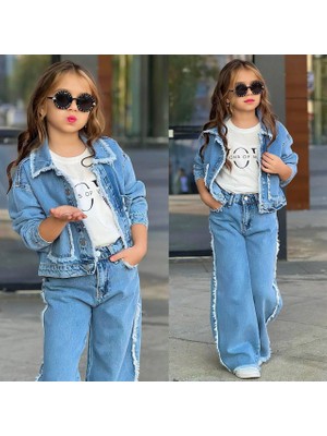 Lino Baby Trend 3’lü Kot Kombin Püsküllü Oversize Ceket Püskül Detaylı Salaş Kesim Kız Çocuk 3’lü Kot Takım