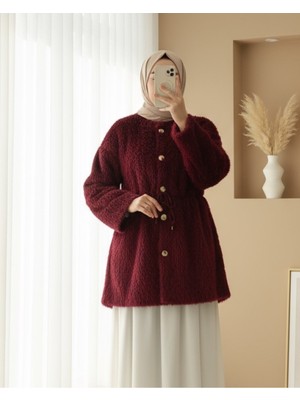 Moda Morfo İçi Astarlı Beli Büzgülü Kürklü Ceket -Bordo