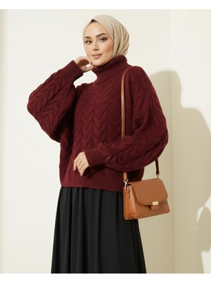Modamorfo Örgü Desenli Boğazlı Triko Kazak  -Bordo