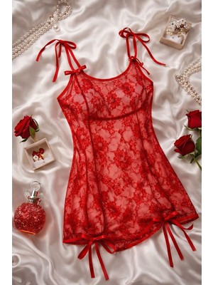 Çeyize Dair Herşey Fiyonklu Kırmızı Dantel Gecelik