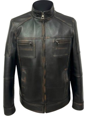 Erkek Siyah Hakim Yaka Deri Mont %100 Saf Deri Eskitme Görünümlü Fermuarlı Kışlık Ceket Petro