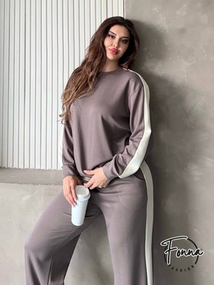 Fonna Fashion Bayan Eşofman Takım Garnili-Açık Kahve (Bisiklet Yaka)