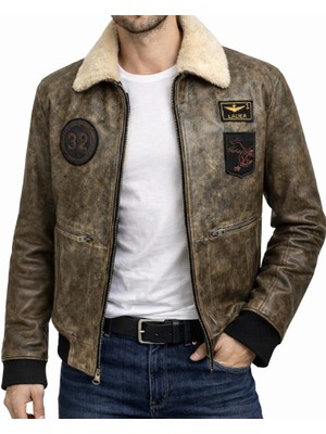 Erkek Vintage Pilot Model %100 Saf Deri Kürk Yakalı Mont – Üretici Garantili 1025