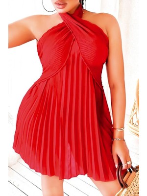 Aria's Closet Arias Closet Büyük Beden Kırmızı Fırfırlı Boyundan Bağlamalı Gecelik