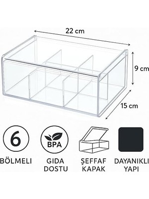6 Bölmeli Plastik Çay Kutusu – Şeffaf Kapaklı, Gıda Dostu, Düzenleyici Kutu, Baharat/çerez/şeker Saklama Kabı – Mutfak Organizeri