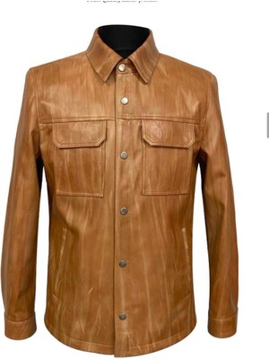 Erkek Kahvehakiki Deri Gömlek Ceket – Çift Cepli Modern Tasarım 19060