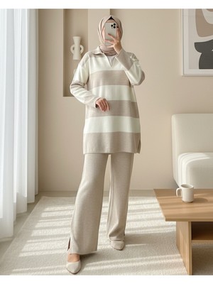 Modamorfo V Yaka Pantolonlu Triko Takım -Taş