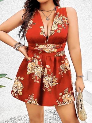 Aria's Closet Arias Closet Büyük Beden Kahverengi Üstüne Çiçek Desenli Sırt Detaylı Elbise