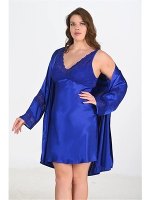 Aria's Closet Arias Closet Premium Büyük Beden Saten Dantel Işlemeli Saks 2'li Gecelik Sabahlık Takımı Bigsize