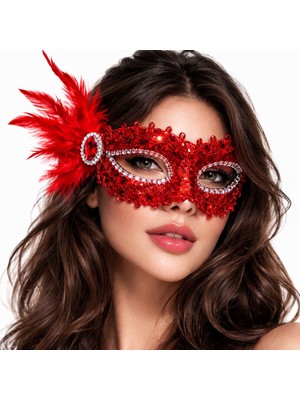 Daniska Kırmızı Taşlı Venedik Parti Maskesi – Tüylü Payetli