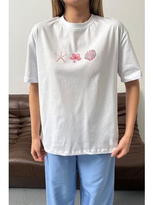 Giysa Kadın Deniz Kabuğu Baskılı %100 Pamuklu T-Shirt Beyaz - 26Y 26512