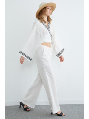 FullaModa Beli Lastikli Cepli Müslin Kumaş Pantolon