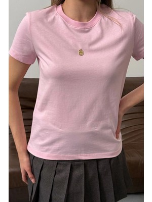 Giysa Kadın Lale Aksesuarlı %100 Pamuklu T-Shirt Pembe - 26Y 26516