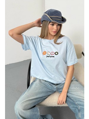 Giysa Kadın Fruit Nakışlı %100 Pamuklu T-Shirt Mavi - 26Y 26518