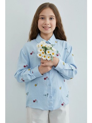 FullaModa Çiçek Nakışlı Kız Çocuk Gömlek