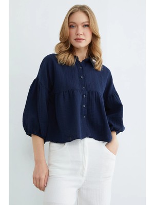 FullaModa Balon Kol Salaş Müslin Kumaş Gömlek
