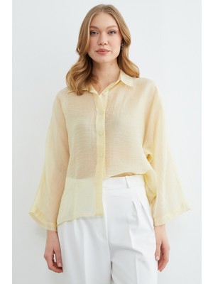 FullaModa Jakarlı Kapri Kol Transparan Gömlek