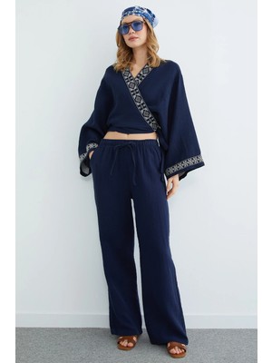 FullaModa Beli Lastikli Cepli Müslin Kumaş Pantolon