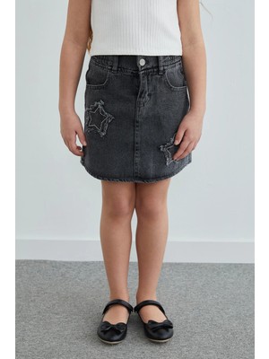 FullaModa Beli Lastikli Yıldız Nakışlı Taşlı Kız Çocuk Jean Etek