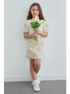 FullaModa Taşlı Kalp Nakışlı Kız Çocuk Jean Etek