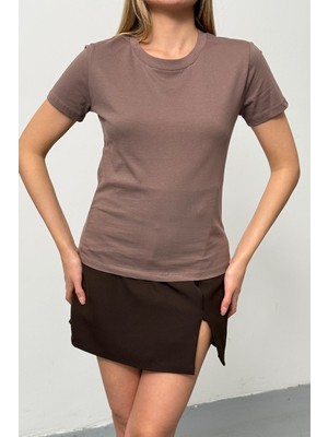 Giysa Kadın Bisiklet Yaka %100 Pamuklu Basic T-Shirt Açık Kahverengi - 26Y 26504