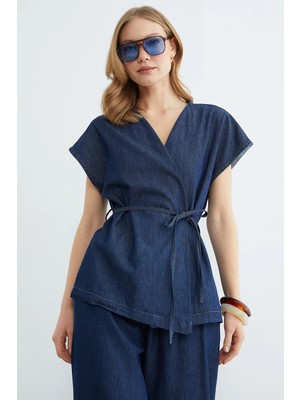 FullaModa Beli Bağlamalı Düşük Kol Yelekli Jean 2 Li Takım