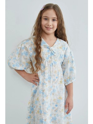 FullaModa %100 Pamuk Çiçek Desenli Kız Çocuk Elbise