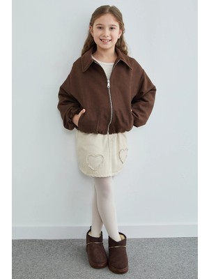 FullaModa Fermuarlı Süet Kız Çocuk Bomber Ceket