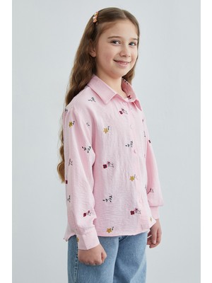 FullaModa Çiçek Nakışlı Kız Çocuk Gömlek