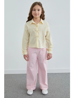FullaModa Çizgili Fiyonk Detaylı Kız Çocuk Crop Gömlek