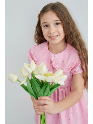 FullaModa Kiraz Nakışlı Brode Detaylı Bebe Yaka Kız Çocuk Elbise