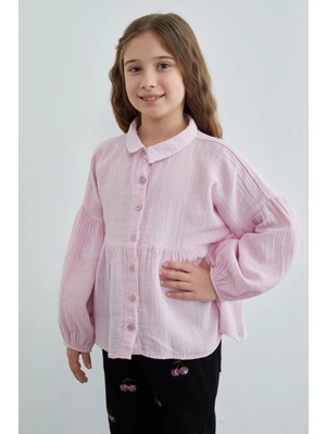 FullaModa Balon Kol Müslin Kumaş Kız Çocuk Gömlek